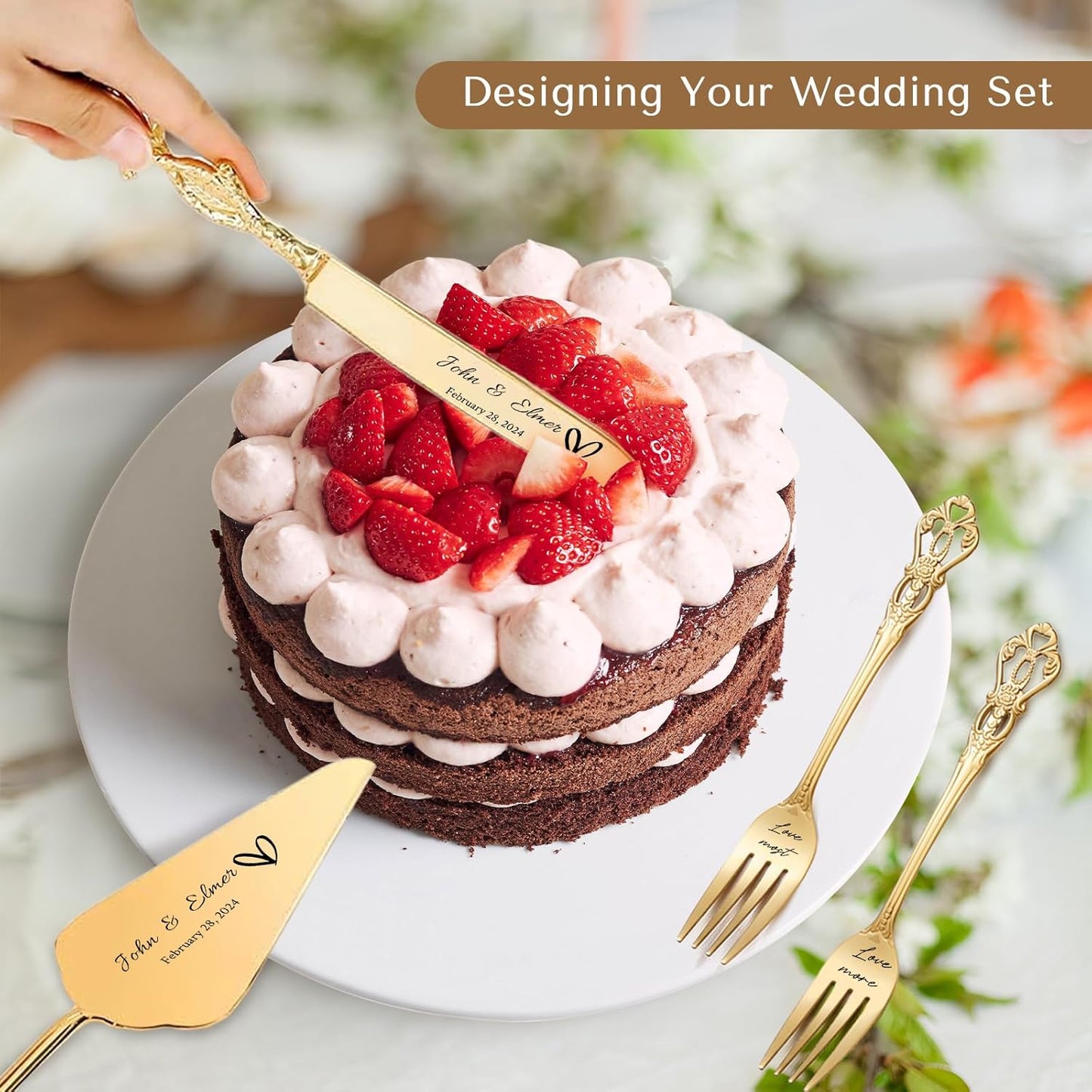 Personalized Wedding Cake Knife and Server Set Engraved Gold Cake Cutter Server Forks Custom Cake Cutting Set for Wedding Anniversary Engagement Birthday Gifts