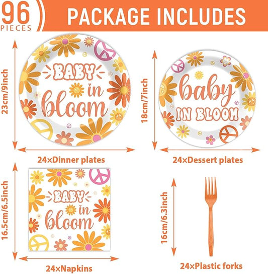 96Pcs Baby in Bloom Baby Shower Party Supplies Floral Shower Groovy Floral Paper Plates Napkins Hippie Party Decorations Boho Daisy Dinnerware Favor Tableware Serves 24
