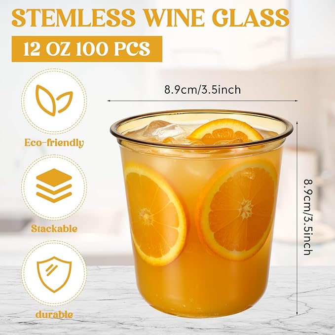 Disposable Stemless Glasses 12oz Crystal Plastic Wine Glasses Clear Classic Pet Cup for Meeting Weddings Birthdays Cocktail Christmas Party Supplies(Gold,100 Pcs)