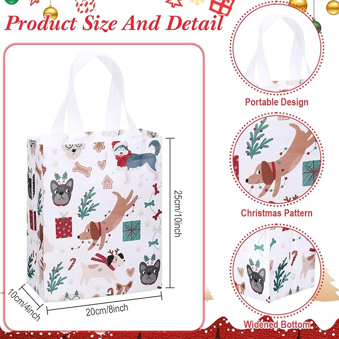 Wesnoy 24 Pcs Christmas Dog Gift Bags Bulk 10 x 8 x 4 Inch Reusable Non Woven Christmas Tote Treat Goodies Candy Bags with Handles Party Favors Supplies for Xmas Gift Holiday Party Decorations