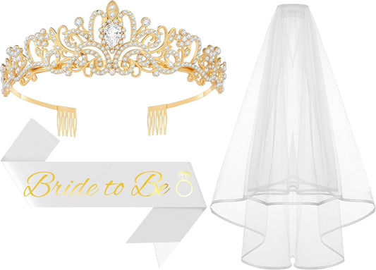 3Pcs Bride to Be Crown with Sash and Veil for Bachelorette Party Decorations, Bridal Shower Accessories for Gift, Favors