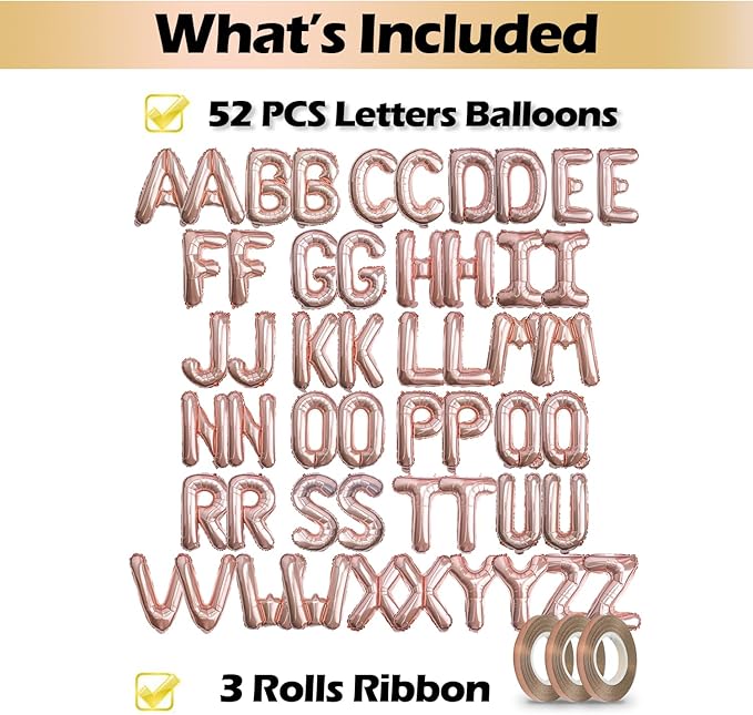 [52 PCS] 16" Foil Rose Gold Letter Balloons 2 Sets of A-Z, Mylar Aluminum Hanging Alphabet for Romance Valentine's day Graduation New Year eve Birthday Party Decorations