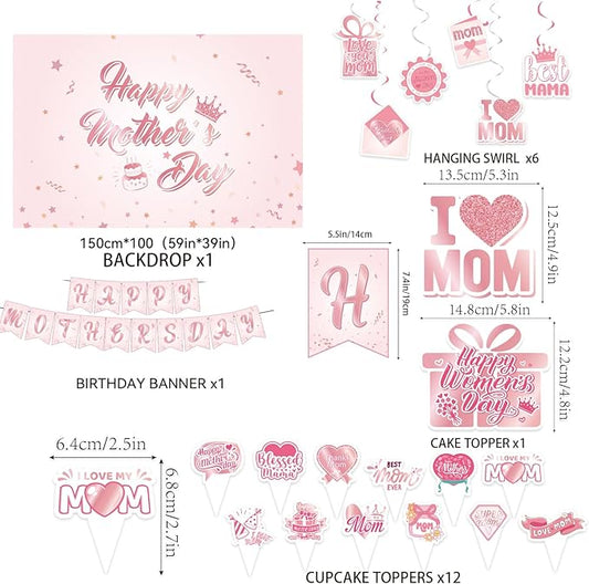 82Pcs Mother's Day Decorations - Rose Gold & Pink Party Supplies Kit, Includes Happy Mothers Day Banner, 59x39" Photo Backdrop, Tablecloth, Balloon Arch Garland & Cake Toppers for Mom Brunch Decor