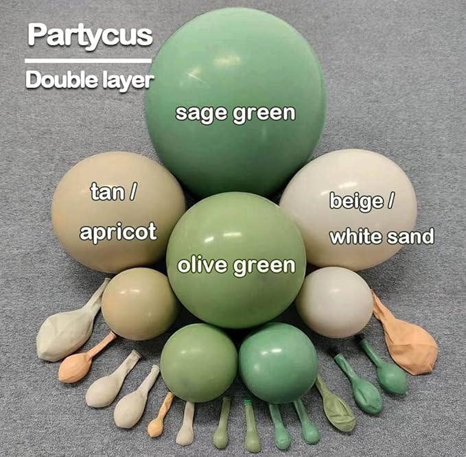Sage Green Brown Balloon Arch Kit Double Stuffed Dusty Olive Green Tan White Sand Apricot Latex Balloon Garland for Neutral Baby Shower Safari Dinosaur Birthday Woodland Wild One Party Decoration
