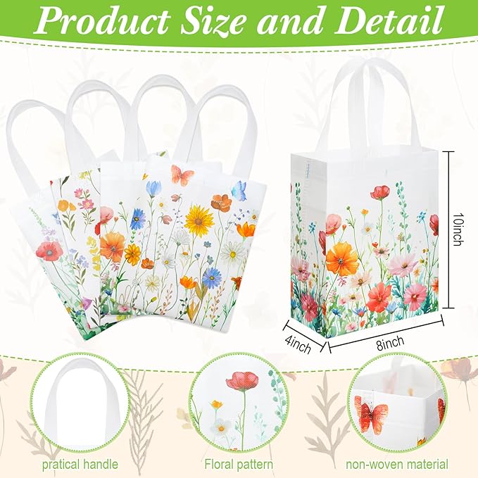 Wesnoy 24 Pcs Floral Gift Bags with Handle Wildflower Reusable Non Woven Tote Bags for Wedding Birthday Party Favor Supplies