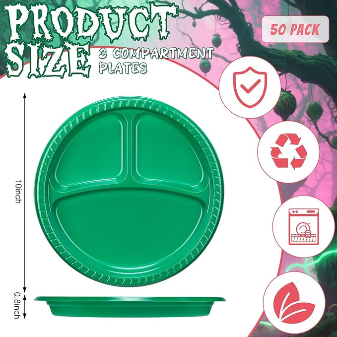 50 Pcs 10 Inch Plastic 3 Compartment Divided Plates Heavy Disposable Round Dinner Plates with Dividers for Wedding Birthday Party Dinnerware (Green, Pink)