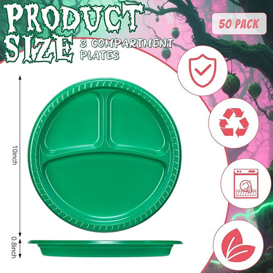 50 Pcs 10 Inch Plastic 3 Compartment Divided Plates Heavy Disposable Round Dinner Plates with Dividers for Wedding Birthday Party Dinnerware (Green, Pink)