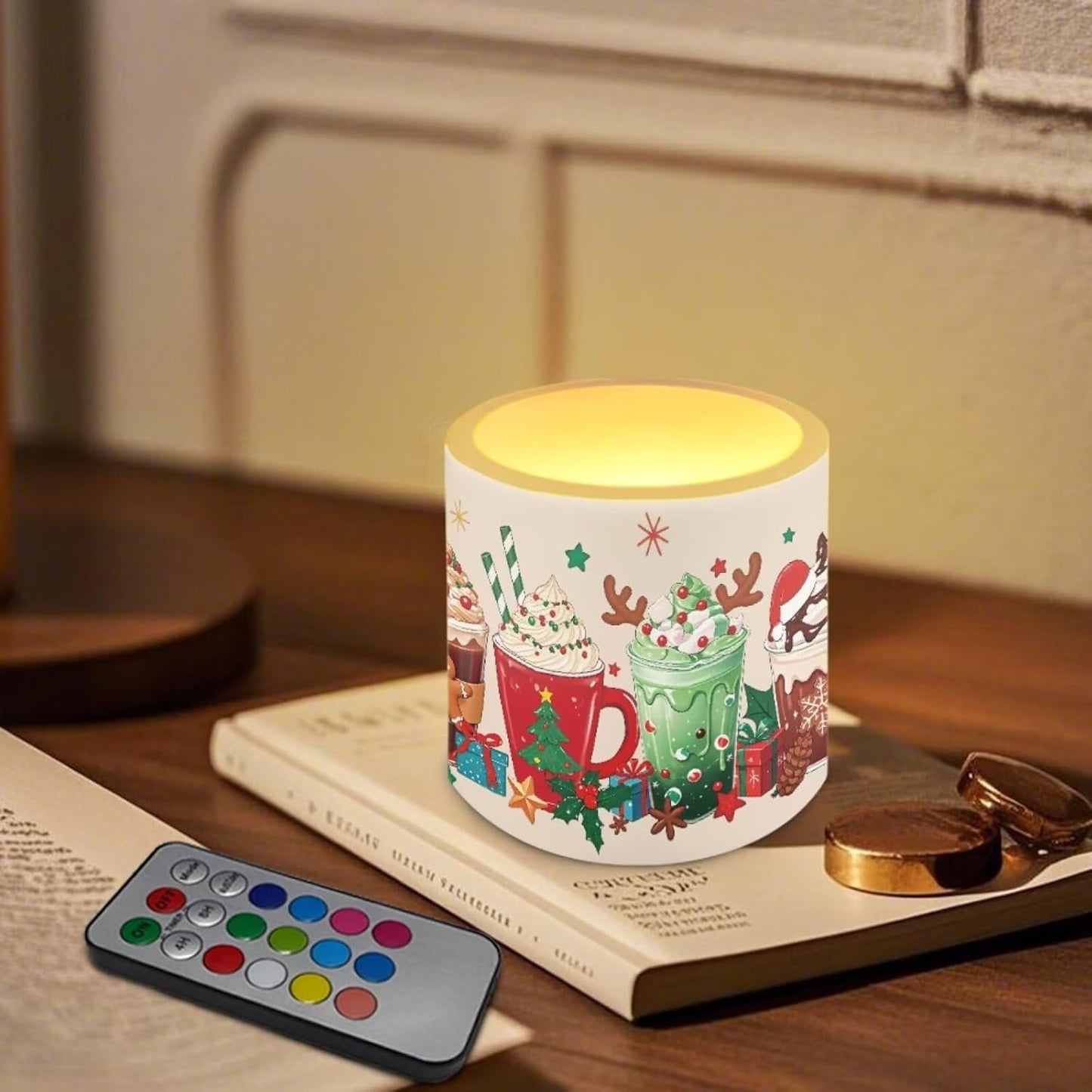 Poceacles Remote Control LED Candles Set of 4 Battery Powered Flameless Candles with Multi-Color Lighting Options, Timer Function, for Christmas Decor, Christmas Beverage Latte Coffee Pattern