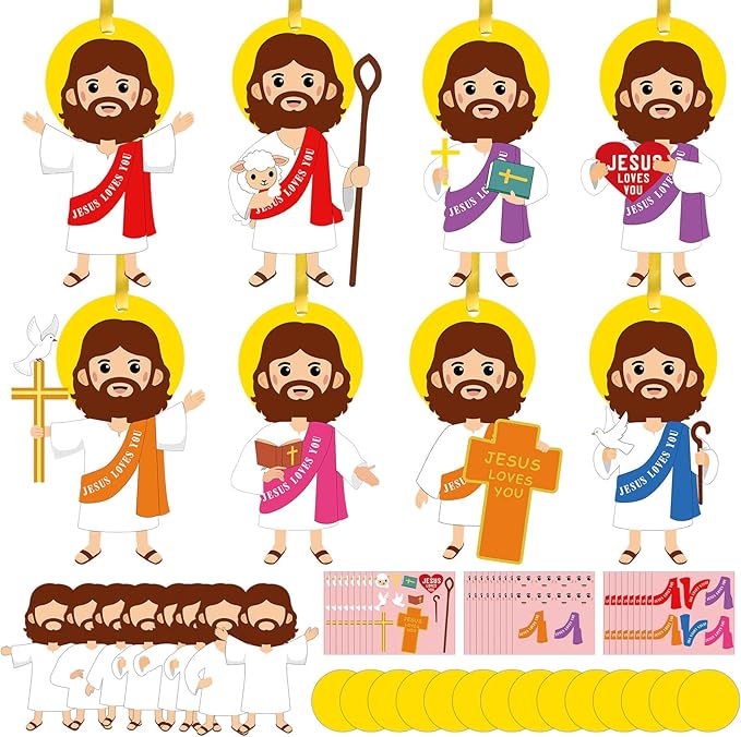 Frienda 48 Set Easter Jesus Loves You Craft Religious Craft Kit Make a Jesus Christian Ornament Stickers Bulk DIY Arts for Fun Easter Party Home Activities Decors