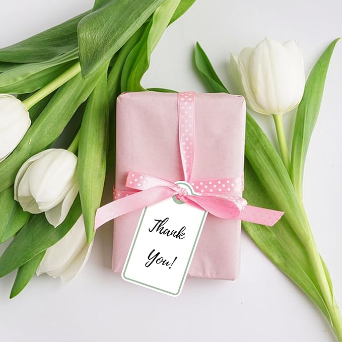 Anwyll Gift Tags with String - 100Pcs Green Gift Bag Tags Personalized White Blank Hanging Paper Label Tag for Baby Shower Birthday Party Wedding Christmas Favor Present