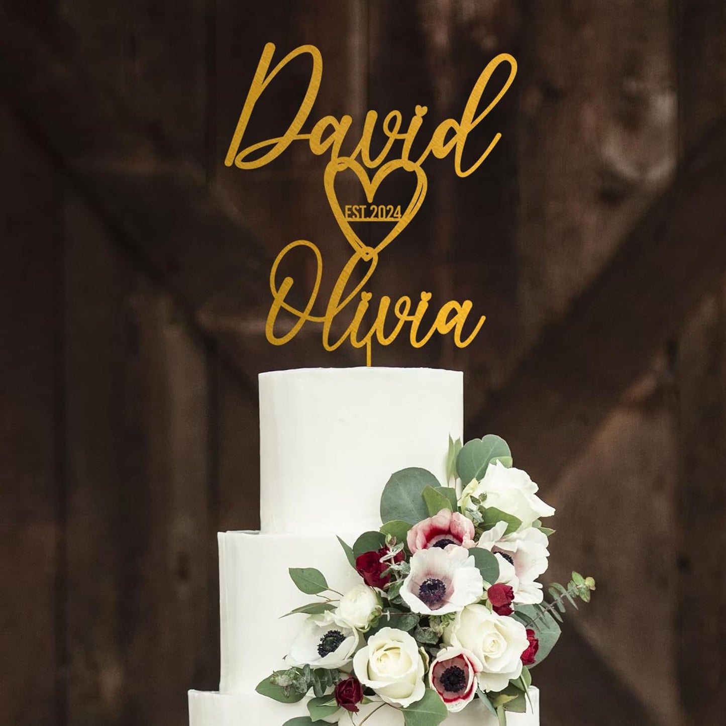Noni Luxury Personalized Wedding Cake Topper with date and hear, Custom Cake topper, Personalized Cake Topper, Gold Cake Topper wedding, Rustic Wedding Cake Topper, Mr and Mrs Topper for Wedding Cake