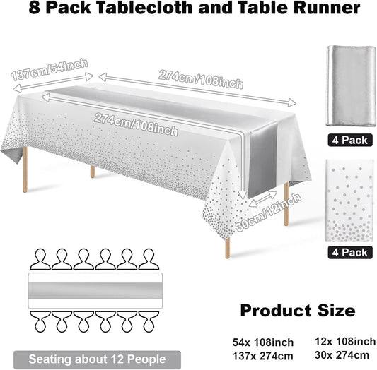 8Pack Disposable Plastic Tablecloths and Satin Table Runner Set White and Silver Dot Tablecloth Silver Satin Table Runner for Wedding Birthday Baby Shower Anniversary Christmas New Year Party Supplies