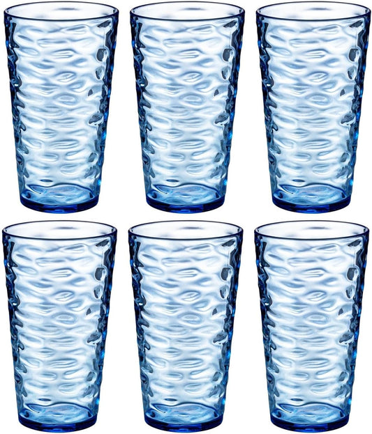 20-ounce Plastic Tumblers, Acrylic Drinking Glasses High-Balls, set of 6 Blue Reusable Plastic Cups, Stackable, BPA-Free, Shatter-Proof, Dishwasher-Safe