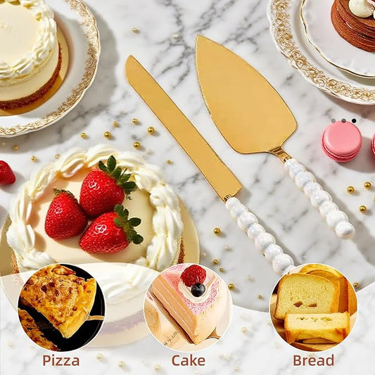 VEOOK Wedding Cake Knife and Server Set with Pearl Handle - Stainless Steel Pie Cutter, Elegant Ceramic Gift for Bride Engagement, Bridal Shower, Couples Wedding(CK-01)