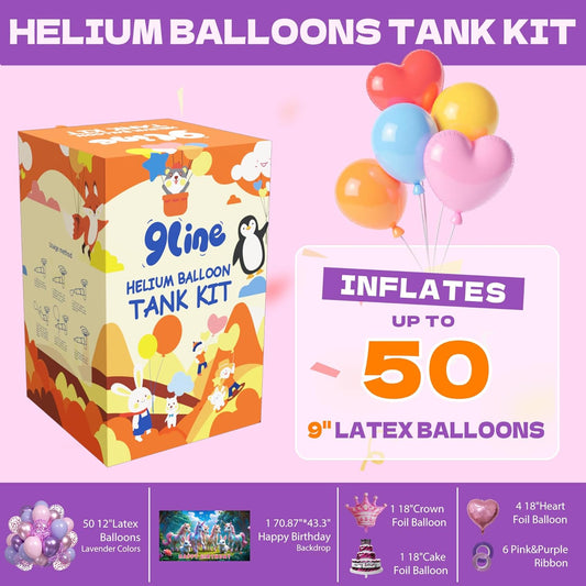 Helium Tank For Balloons At Home,13L Helium Balloon Pump Kit With 50 12-Inch Pink&Purple Latex Balloons, 6Foil Balloons, 1Happy Birthday 5.9X3.6Ft Backdrop, 8 Accessory Tools