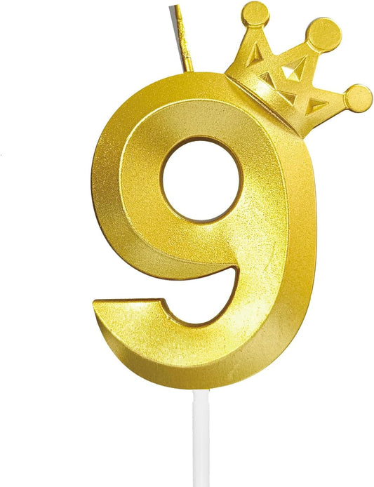 Number 9 Birthday Candle Nine Years Old Happy Birthday Number Candles Cake Topper Decorations 3D Crown (Crown-9, Gold)