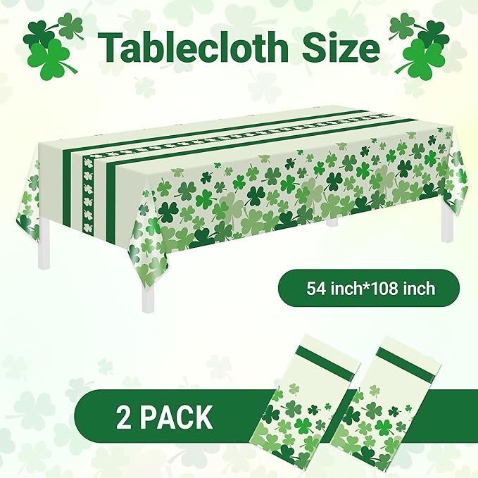 Childom 2 Pack St Patricks Day Tablecloth,St Patricks Day Decorations 54" x 108" Disposable Plastic Tablecloth,St. Patrick's Day Plastic Table Cover for Party Supplies,Indoor,Outside,Home,Dinner