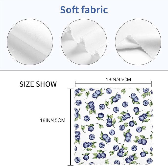 Yibeas Blueberries and Leaves Cloth Table Napkins Set of 4 Hand Drawn Vector on White Background Polyester Washable Decoration Dinner Napkins for Kitchen 18 x 18 inch