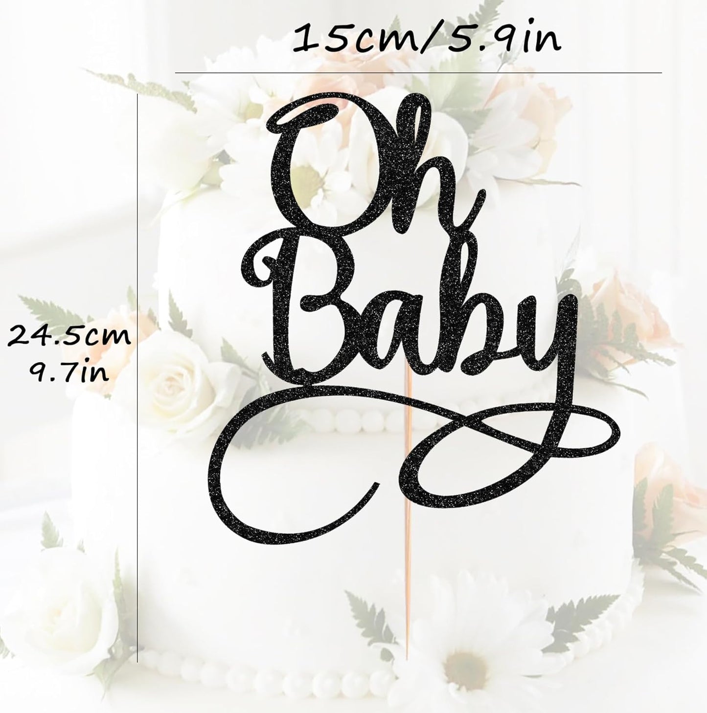 Oh Baby Cake Topper - Black Glitter Baby Birthday Party Cake Decoration Supplies, for Baby Shower/Gender Reveal Party Photo Booth Props
