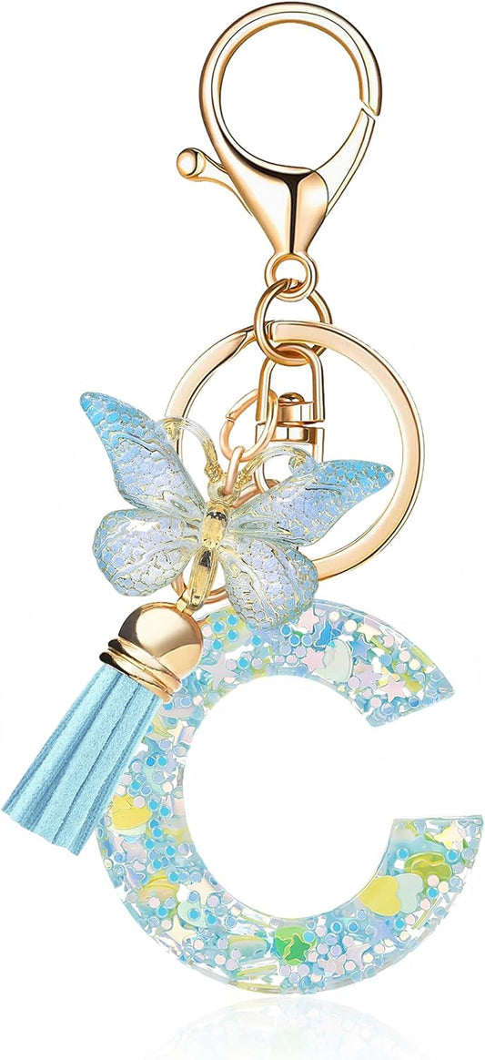 Fashion Alphabet Initial Letter Keychain Tassel Butterfly Pendant Key Ring for Purse Handbags Women Girl