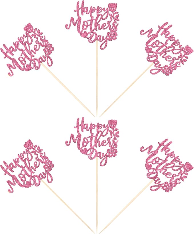 12 PCS Happy Mother's Day Centerpiece Sticks Double Sided Glitter Rose Love Best Mom Centerpieces for Happy Mother's Day Theme Table Flower Decorations Women Birthday Party Supplies Pink