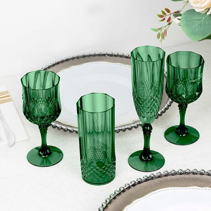 Efavormart 6-Pack Plastic Wine Glasses 8oz, Hunter Green - Crystal Cut Shatterproof Cocktail Goblets Drinking Glasses
