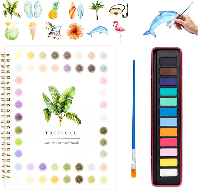 Kivzex Watercolor Workbook for Adults, Beginner Friendly Watercolor Painting Kit Tropical Water Coloring Book, Nature-Themed Practice Art Gift Water Color Paint Book with Palette and Brush