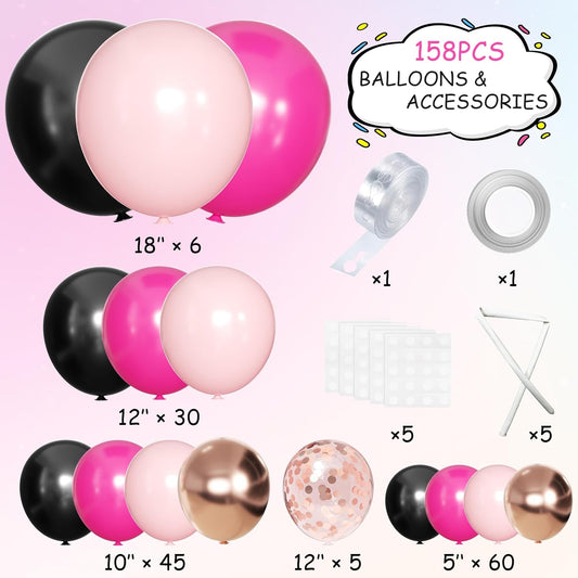 Hot Pink Black Rose Gold Balloon Arch Garland Kit, 146 Pcs Rose Red Tender Pink Black Confetti Rose Gold Balloons for Graduation Birthday Party Baby Shower Wedding Decorations