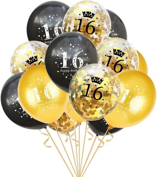 Party Store Plus 16th Birthday Balloons - 15pcs (Black, Gold, Rose Gold Confetti) - Sweet 16 Birthday Party Decorations - Happy 16th Birthday Balloons - 12 Inch Latex Balloons