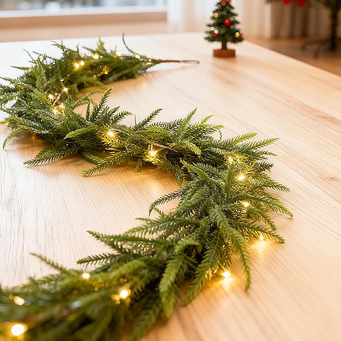 6ft Artificial Norfolk Pine Garland with Lights, 2Pcs Christmas Greenery Garland for Mantel Fireplace Table Wall Stair Window Outdoor Indoor Christmas Decorations (2)
