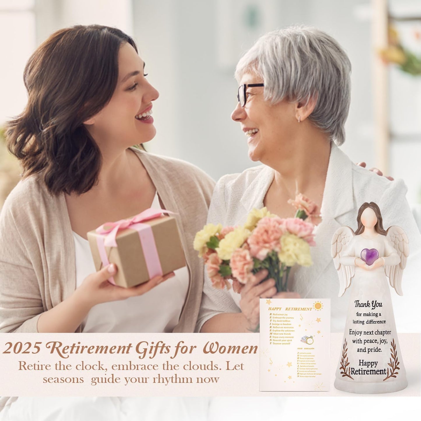 Retirement Gift for Woman 2025 - Happy Retirement Gifts for Teacher Coworker Nurses Boss Mom Grandma Sister Retirees Women Retired Party Decoration with Large 8.2" Angel Figurine