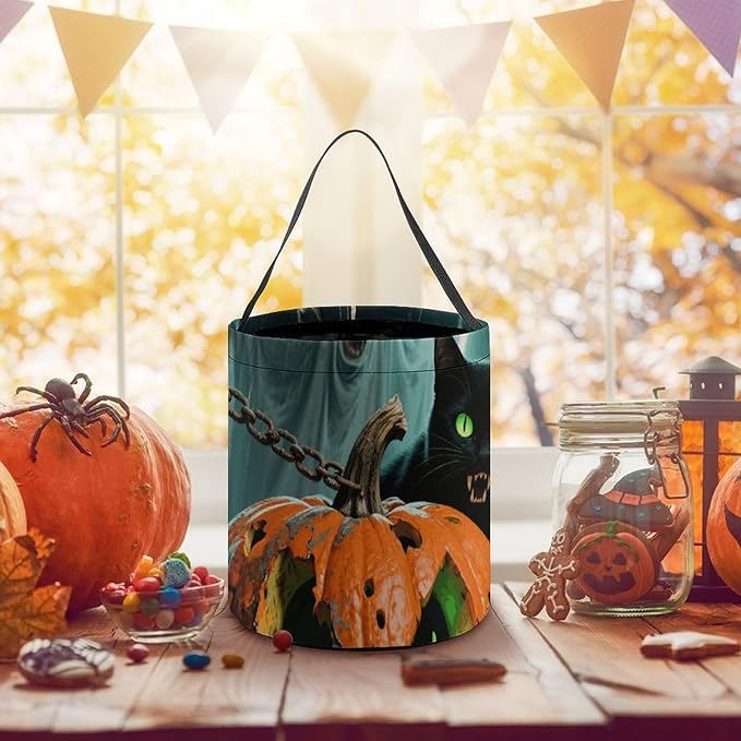 Halloween Candy Bucket - Halloween Black Cat Pumpkin Trick Or Treat Candy Bag, Gift Bag for Party Favor Supplies