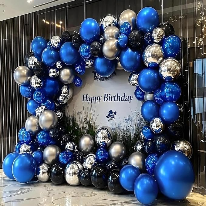 Black Blue Balloon Garland, Double Stuffed Navy Royal Blue Black Metallic Silver Foil Balloon Arch Kit for Birthday Graduation Baby Shower Wedding Anniversary Party Decorations