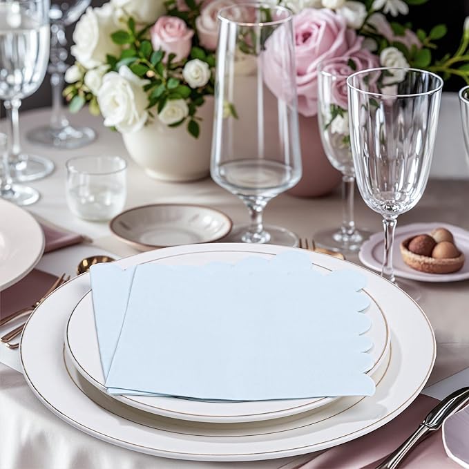 100 Pcs Light Blue Napkins Scalloped Edged Dessert Cocktail Napkins Folded 5 x 5 Inches Disposable Napkins for Dinner Wedding Birthday Party