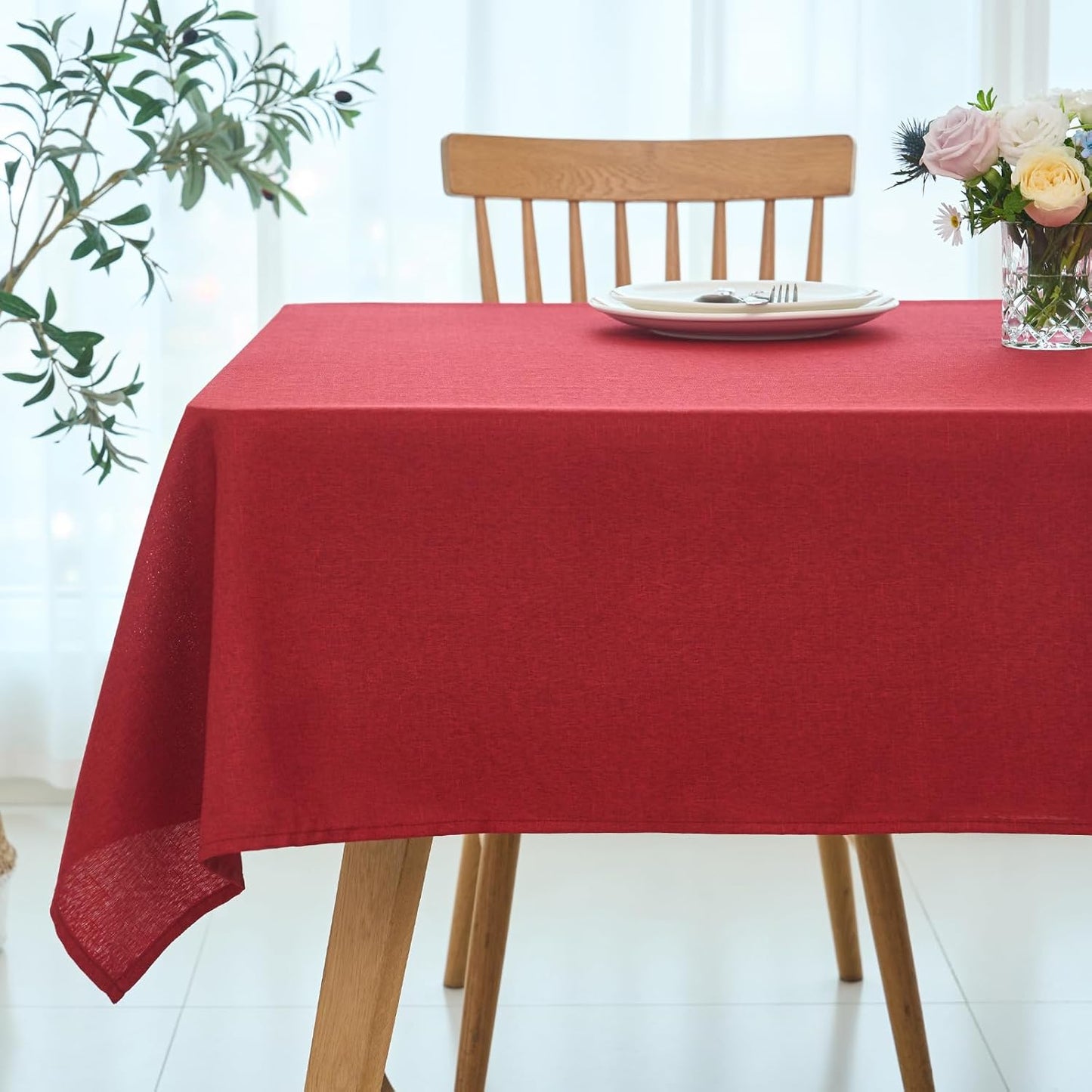 maxmill Square Tablecloth Linen Texture Stain Proof Waterproof Wrinkle Free Washable Christmas Table Cloth, Decorative Fabric Dining Room Table Cover for Webbing Holiday Party, 52 x 52 Inch, Red