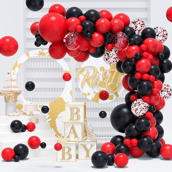 Red and Black Balloons Arch Kit,130pcs Black and Red Balloon Garland,Different Sizes Red Latex Balloons for Birthday New Years Graduation Bachelorette Poker Casino Prom Party Decoration