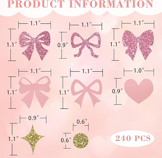 240 Pcs Pink Bow Confetti, Bow Theme Glitter Table Scatter for Coquette Engagement and wedding Party Decoration(Golden)
