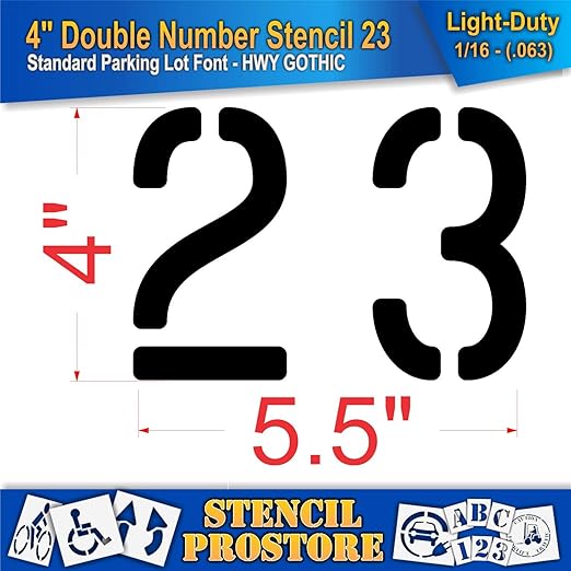 Pavement, Curb, and WheelStop Stencils - 4 inch Double Number Stencil - (23) - 4" x 5.5" x 1/16" (63 mil) - Light-Duty