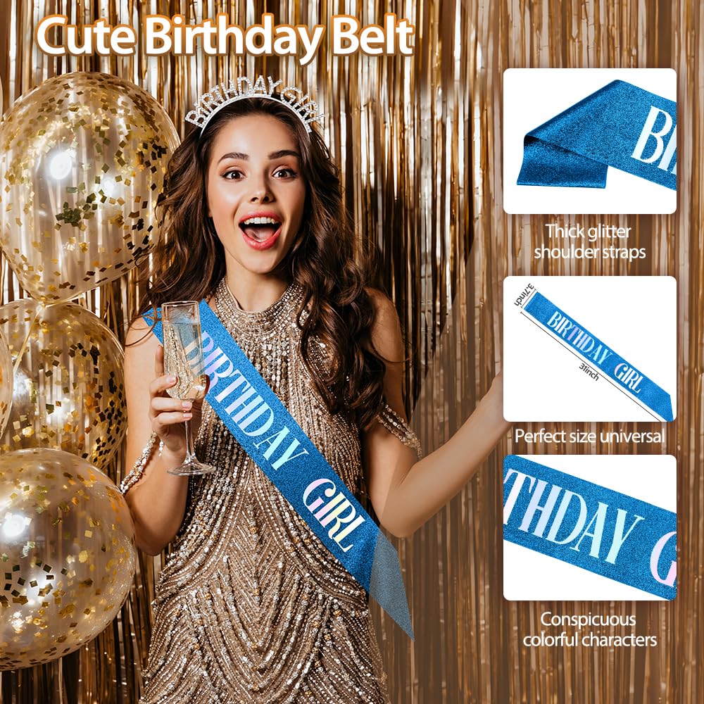 Birthday Sash Birthday Crown for Women, Birthday Girl Sash, Birthday Girl Crown, Glitter Deep Blue Birthday Sash and Crown Rhinestone Headband Set, Happy Birthday Girl Princess Tiara Sash Accessories