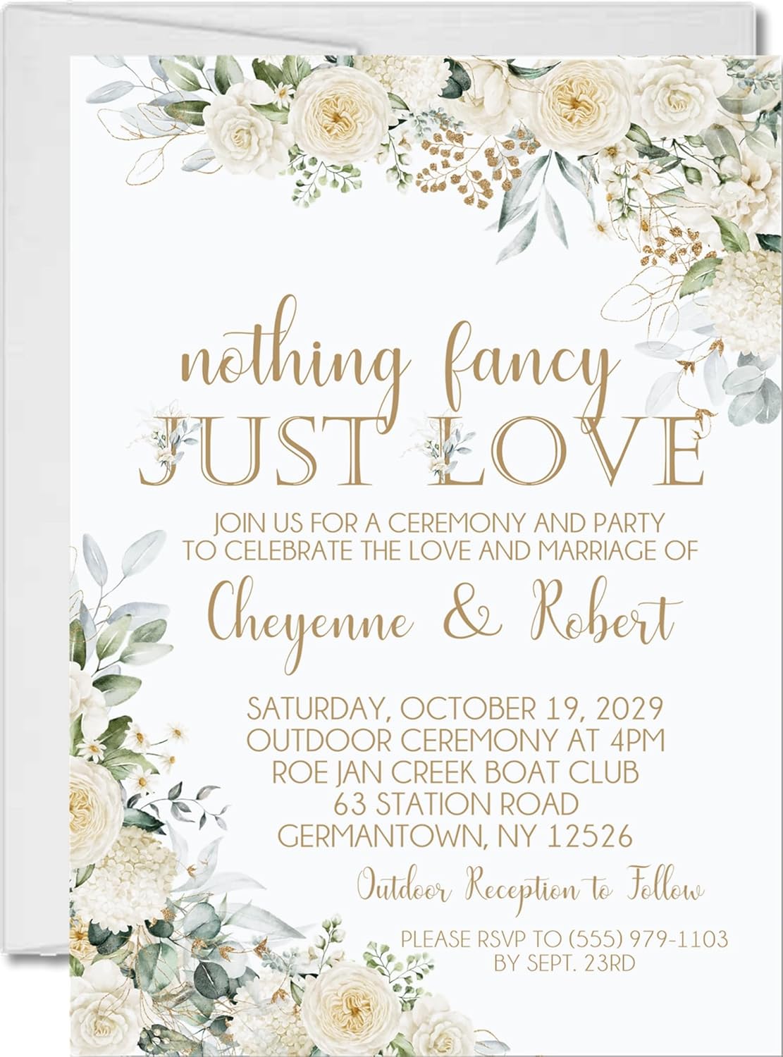 Green & White Wedding Invitations, Ivory Rose Garden, Personalized, Set of 12 Invitations with Envelopes