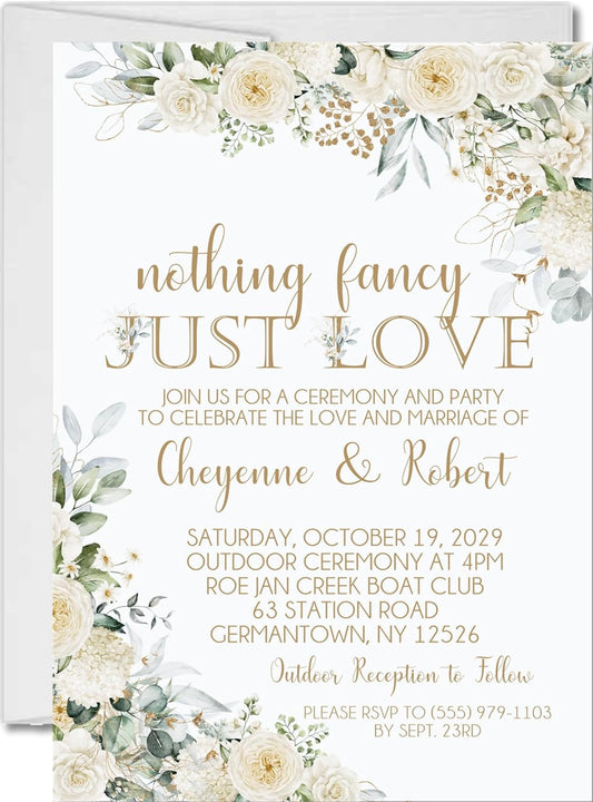 Green & White Wedding Invitations, Ivory Rose Garden, Personalized, Set of 12 Invitations with Envelopes