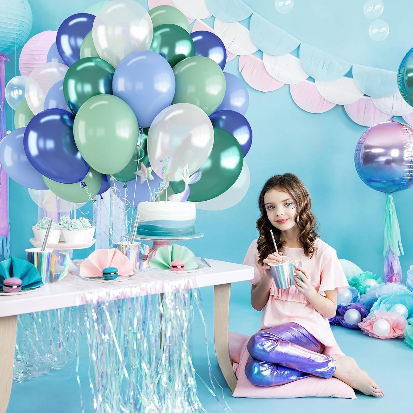 Green Blue White Balloons 60pcs 12inch Ocean Balloons Under the Sea Decorations Shark Whale Theme Kids Birthday Party Pastel Metallic Blue Green Pearl White Latex Helium Balloon DIY Supplies