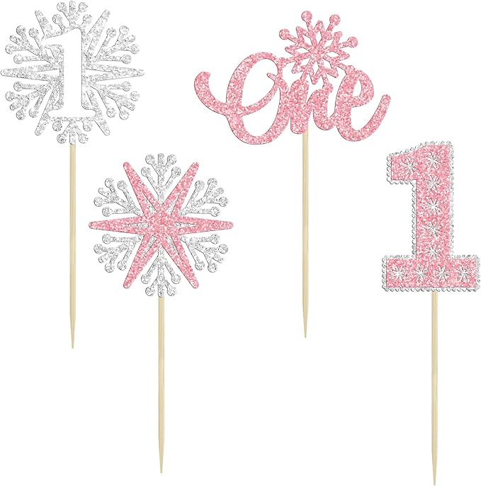 24Pcs Snowflake One Cupcake Toppers Pink Glitter Winter Snowflake 1st Birthday Cupcake Picks First Birthday Cake Decorations for Winter Wonderland Kids 1st Birthday Party Supplies