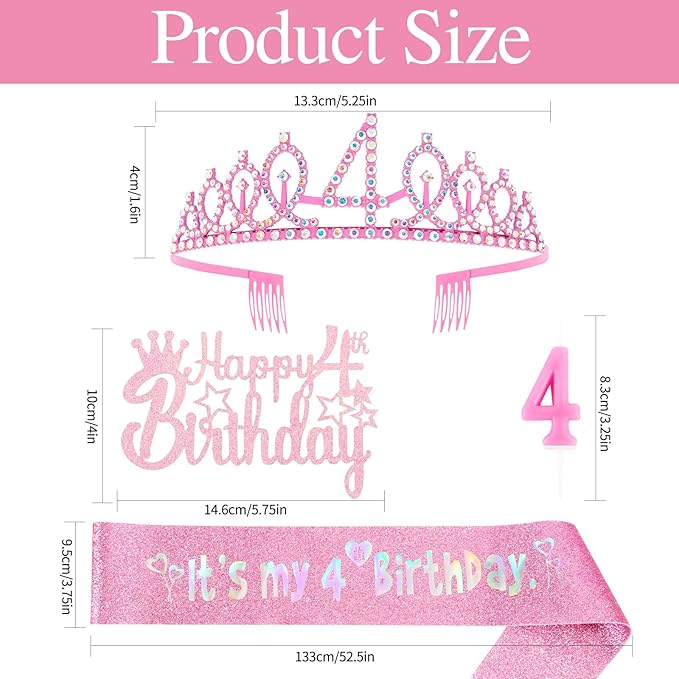 4th Birthday Decorations for Girls - Pink Birthday Crown, Glitter Sash, Number 4 Candles and Cake Toppers for Girls 4 Year Old Party Supplies Outfit Gift