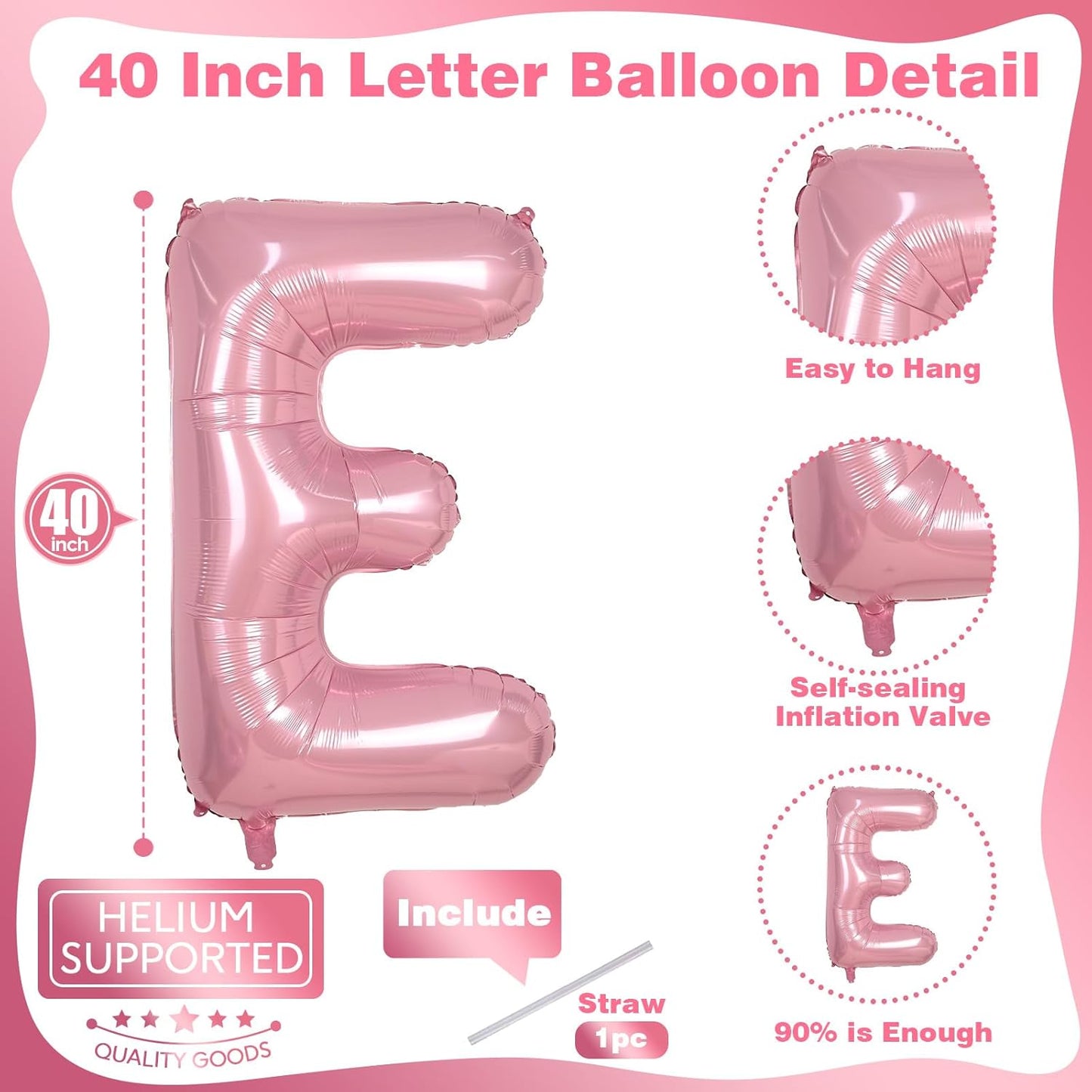 40 Inch Pastel Pink ONE Balloon for 1st Birthday - Light Pink Letters With Ribbon - Baby Pearl Alphabet for Girls First Birthday, 1 Year Old Baby Shower Party Decorations