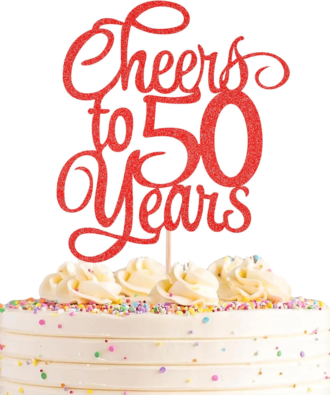 Cheers to 50 Years Cake Topper - Red Glitter 50th Birthday Cake Decorating Supplies, Perfect for 50th Anniversary or Fifty Birthday Party, Photo Booth Props