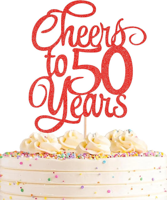 Cheers to 50 Years Cake Topper - Red Glitter 50th Birthday Cake Decorating Supplies, Perfect for 50th Anniversary or Fifty Birthday Party, Photo Booth Props