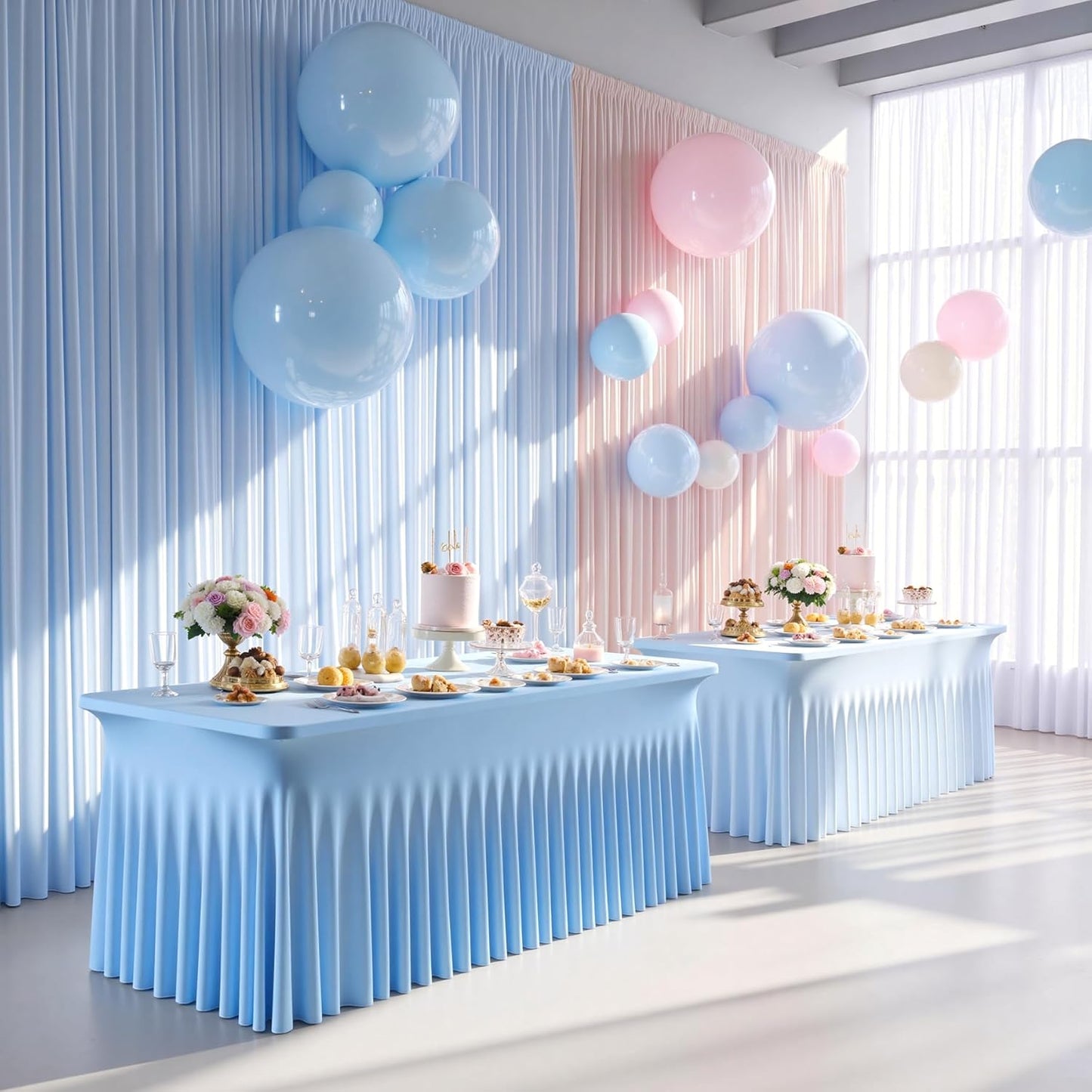2 pk Baby Blue Spandex Tablecloth 6ft With Ruffle Table Skirt, Wrinkle Free Stretchy Fitted Tablecloths for 6 Foot Rectangle Tables, Elastic Spandex Table Covers for Weddings Parties Banquet Craft