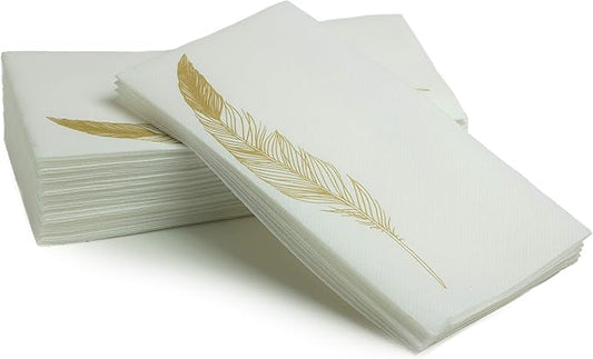 SimuLinen Decorative Gold Feather Design Paper Towels - Hand Towels for Bathroom - Cloth-Like, Linen-Feel for Guest Bathroom Essentials, Size: 12x17” (Pack of 100) Made in Germany