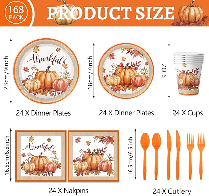 Autumn Harvest Thanksgiving Party Supplies Set - Complete Disposable Dinnerware Set for Thanksgiving Fall Party, Serves 24 Guests - Includes Plates, Cups, Napkins, and Cutlery